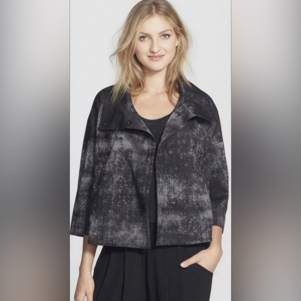 Eileen Fisher Grandeur Jacquard Snap Front High Collar Oversized Jacket